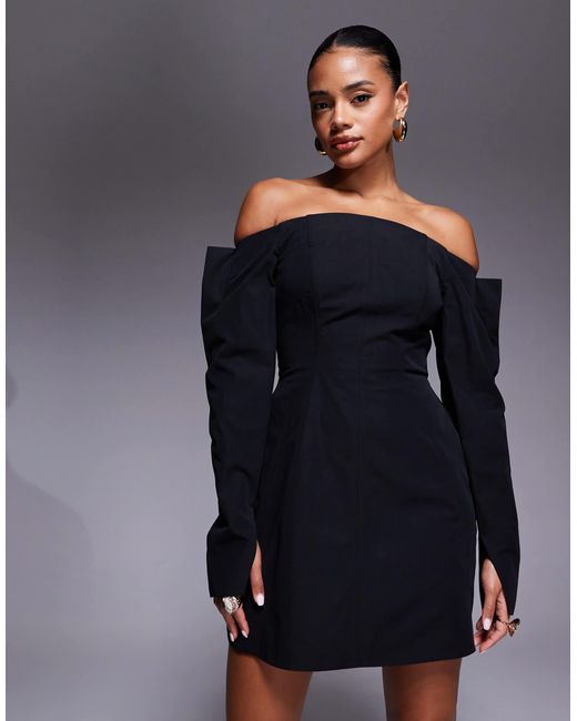 ASOS Blue Structured Long Sleeve Bardot Mini Dress With Seam Detailing