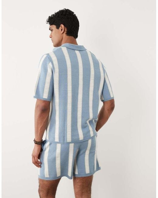 ASOS Blue Relaxed Short Sleeve Knitted Stripe Notch Neck Polo for men