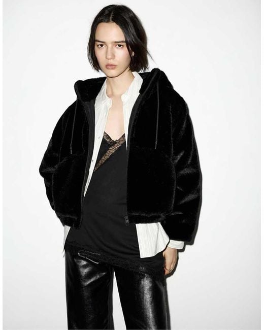 Pull&Bear Black Faux Fur Hooded Jacket