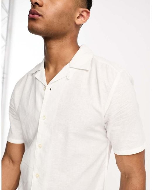 Only & Sons White Linen Mix Revere Collar Shirt for men