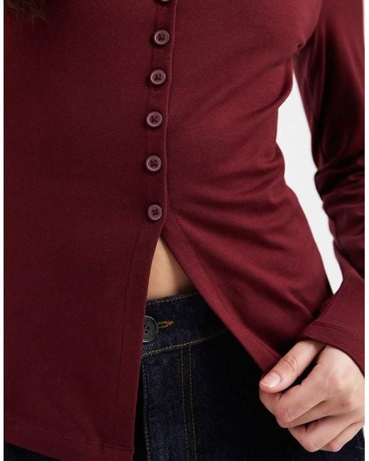 ASOS Red Cotton Button Through Long Sleeve Top