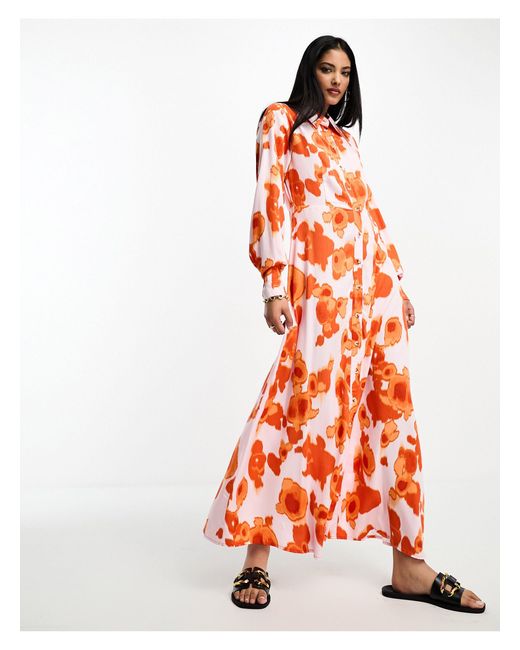 Femme - vestito camicia lungo a fiori vivaci arancioni di SELECTED in  Bianco | Lyst