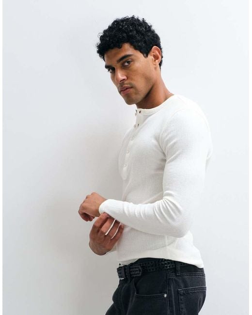 ASOS White Lightweight Muscle Fit Long Sleeve T-shirt With Henley Neck for men