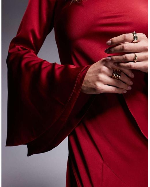 ASOS Red Long Sleeve Satin Maxi Dress With Full Skirt And Godets