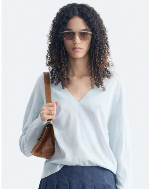 & Other Stories White Pure Merino Wool Deep V-neck Argyle Jumper