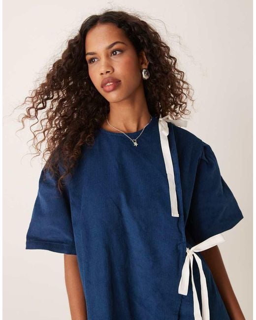 Ghospell Blue Contrast Bow Mini Dress