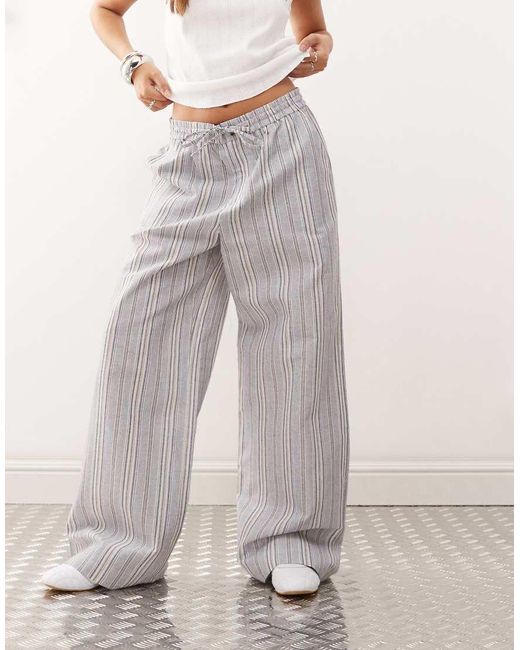 Pantaloni Comodi Blu A Righe Effetto Lino di Collusion in White