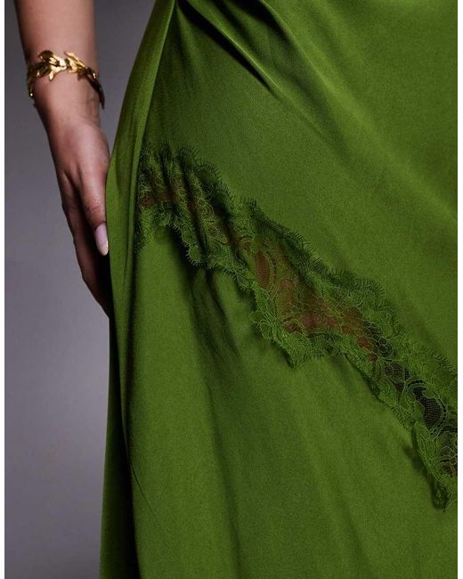Forever New Green Satin And Lace Asymmetric Shoulder Maxi Dress