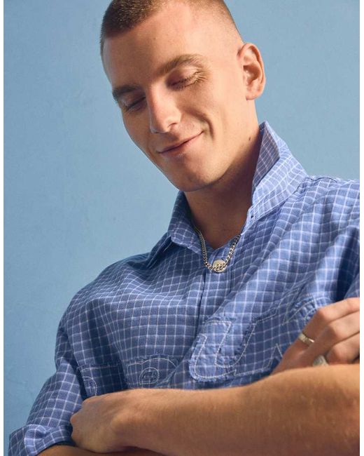 Bershka Blue Short Sleeve Embroidered Shirt for men