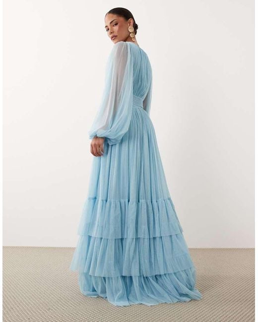 LACE & BEADS Blue Bridesmaid Madison Smocked Plunge Neck Sheer Sleeve Maxi Dress