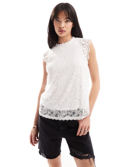 Pieces White High Neck Sleeveless Lace Top