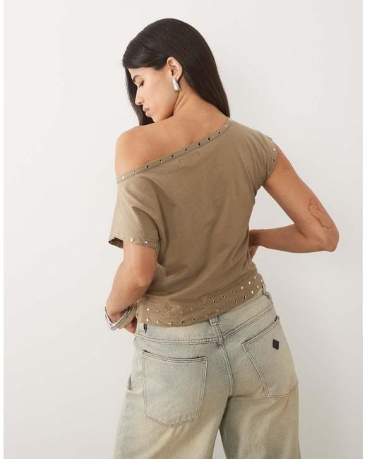 Motel Natural Damaria Off The Shoulder Stud Detail Top
