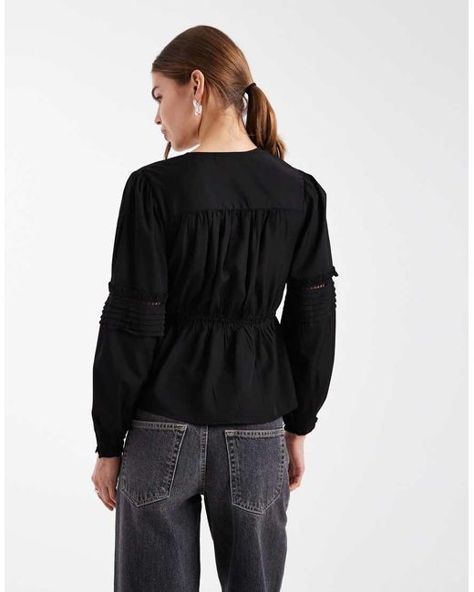 Wednesday's Girl Black V Neck Peplum Textured Long Sleeve Top