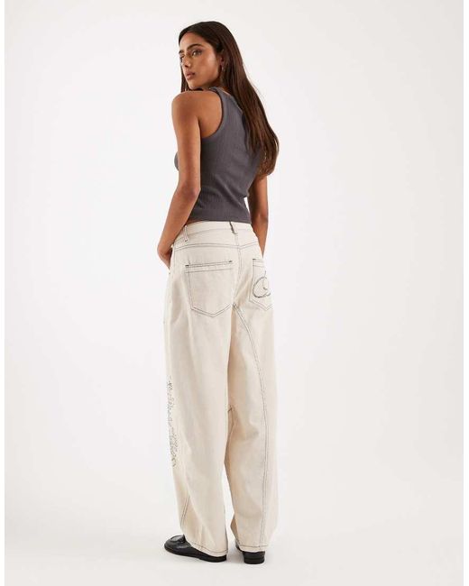 Daisy Street Natural Mid Rise Barrel Leg Embroidered Jean