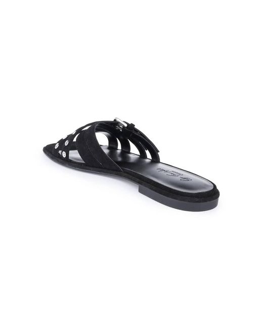 OFF THE HOOK Black Isla Suede Leather Eyelet Strappy Flat Sandals