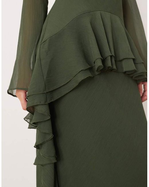 ASOS Green Long Sleeve Frill Hem Chiffon Maxi Dress