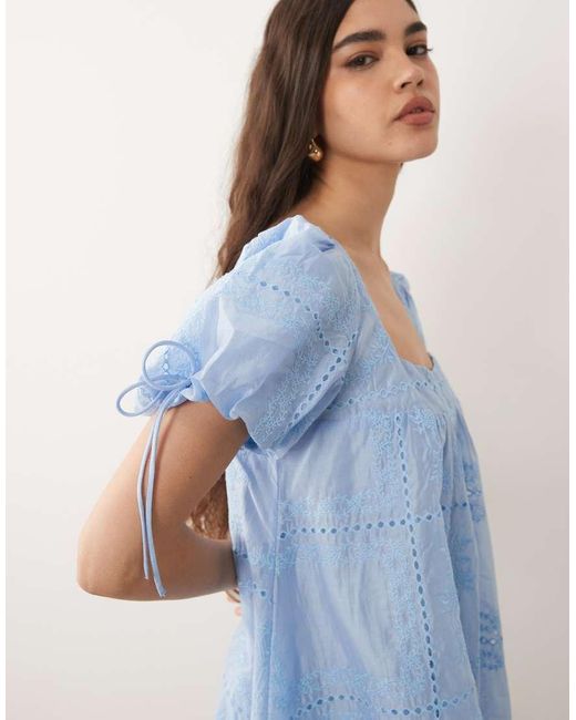 ASOS Blue Square Neck Bubble Mini Dress With Embroidery Detail