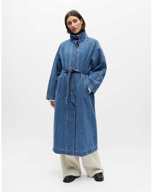 Object Blue Funnel Neck Trench Coat