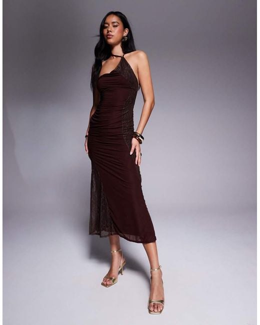 ASOS Purple Stretch Chiffon One Shoulder Midi Dress With Patchworked Lace
