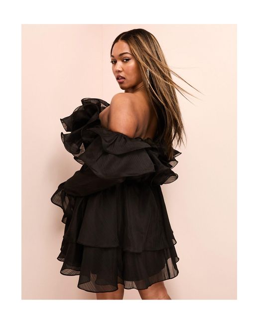 ASOS Black Curve Off-shoulder Ruffle Mini Dress With Wired Hem & Corseted Waist
