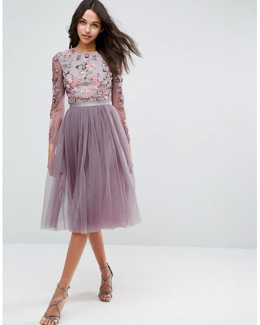 knee length dresses for ladies Purple High Neck Embellished Flutter Sleeve Midi Dress