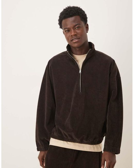 ASOS Black Co-Ord Boxy Relaxed Half Zip Ribbed Velour Track Jacket for men