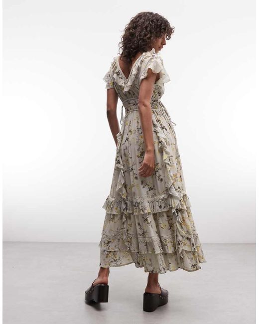 AllSaints Green Canto Ruffle Tiered Floral Midi Dress Pale
