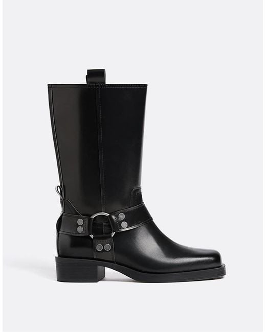 Stradivarius Black Flat Biker Ankle Boots With Buckles