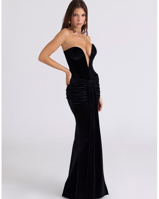 House Of Cb Black Vienne Velvet Deep Plunge Maxi Gown