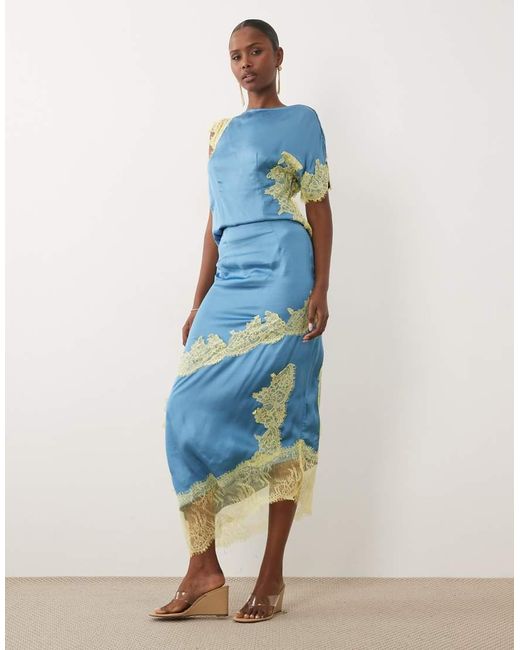 Never Fully Dressed Blue Millie Satin Lace Detail Maxi Skirt