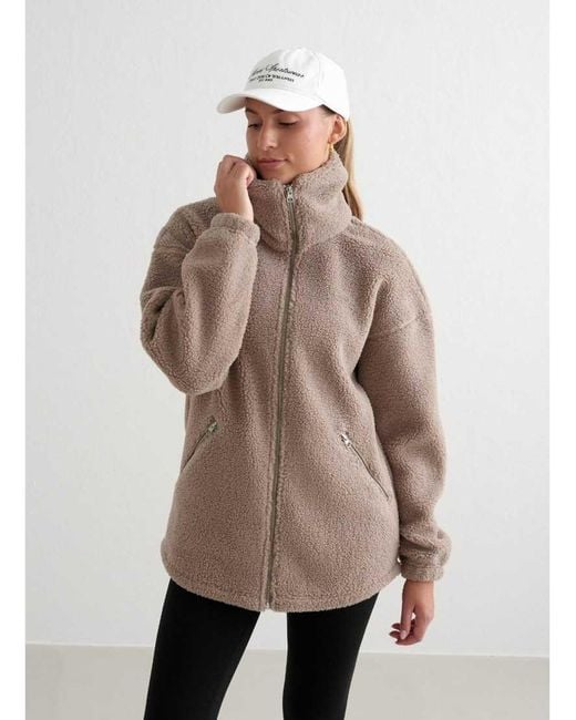 Aim'n Natural Dark Clay Teddy Borg Funnel Neck Zip Through Jacket