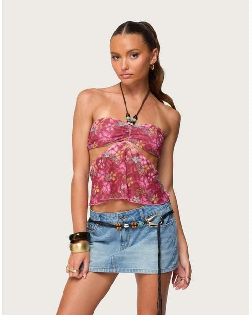 Edikted Red Solana Floral Cut Out Halter Top