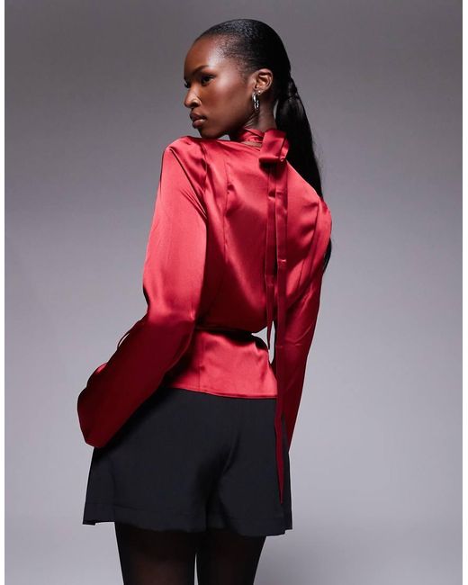 ASOS Red Satin Scarf Detail Wrap Blouse