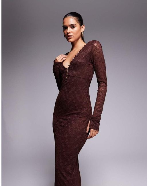 Bardot Purple Zenia Lace Button Trim V Neck Maxi Dress