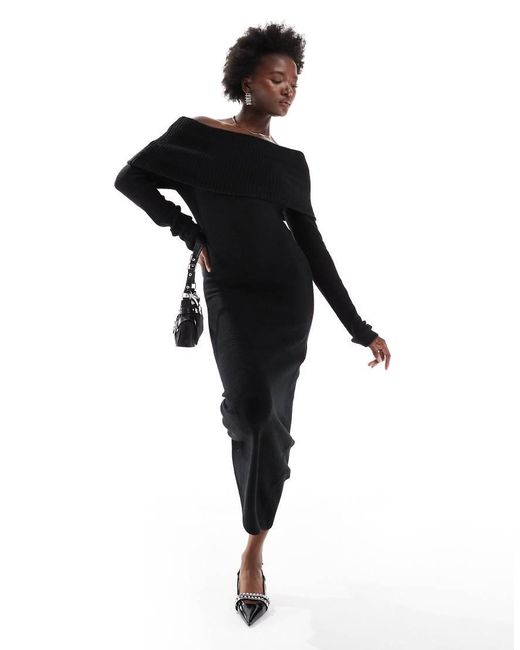 Pieces Black Off Shoulder Long Sleeve Ribbed Knit Maxi Dress