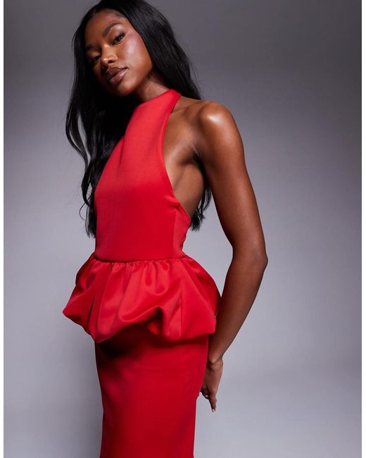 ASOS Red Scuba High Neck Puff Peplum Midi Dress