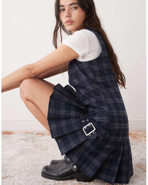 The Ragged Priest Blue Pleated Kilt Mini Dress With Dropped Waist