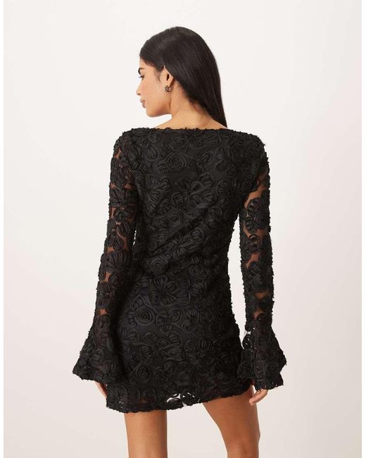 Gina Tricot Black Long Sleeve Embroidery Mini Dress With Open Back