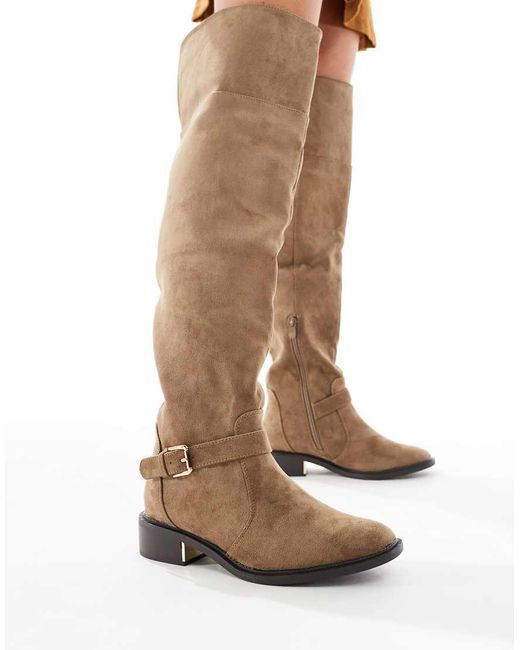 SEQWL Wide Fit Brown Latte Buckle Detail Over The Knee Boots