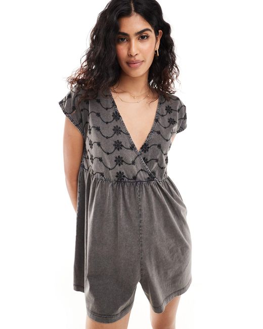 ASOS Gray Wrap Front Playsuit With Black Embroidery