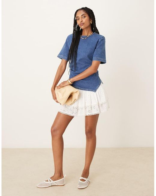ASOS Blue Cinched Waist Denim Short Sleeve Top With Shoulder Pads