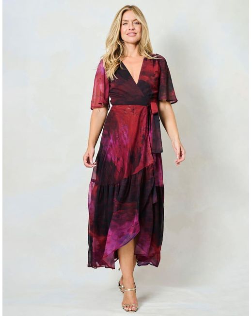 Hope & Ivy Red The Gaia Flutter Sleeve Maxi Wrap Dress With Tie Waist