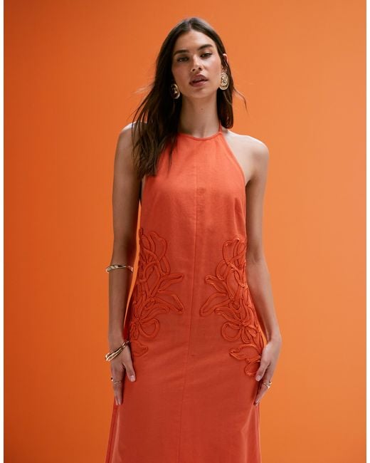 ASOS Orange Low Back Halter Midi Dress With Waist Embroidery