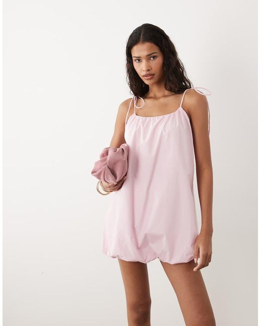 ASOS Pink Poplin Puff Mini Sundress With Tie Straps