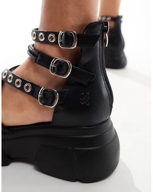 Koi Footwear Black Koi Dark Writings Strappy Chunky Sandals