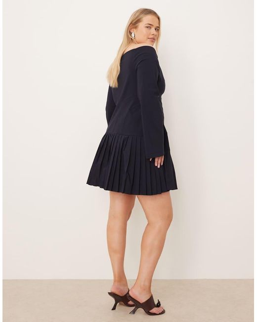 ASOS Blue Asos Design Curve Long Sleeve Pleated Skirt Mini Dress