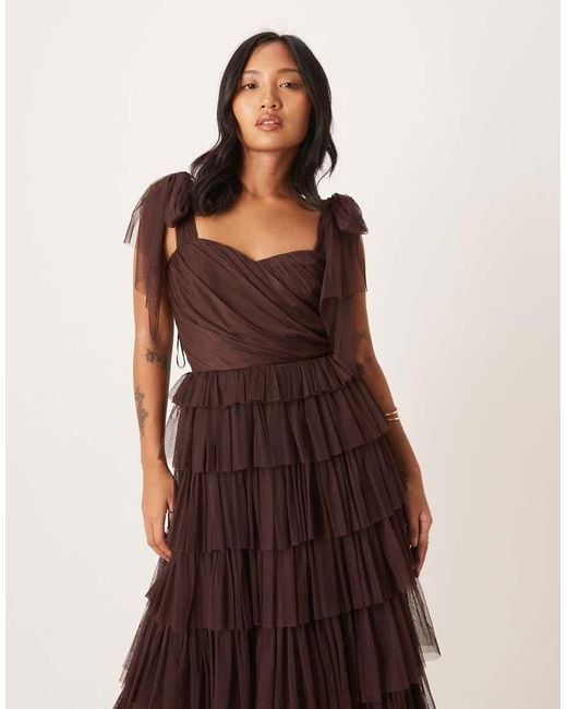 LACE & BEADS Brown Bow Shoulder Tiered Tulle Maxi Dress