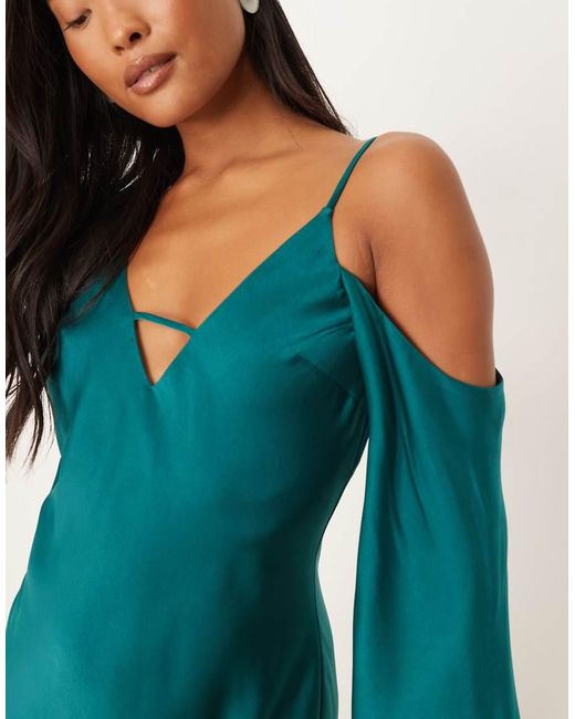 ASOS Blue Asos Design Petite Satin Long Sleeve Fallen Shoulder Cami Maxi Dress