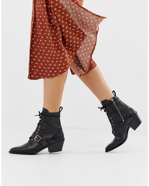 AllSaints Katy Lace Up Heeled Leather Boots With Buckle in Black | Lyst