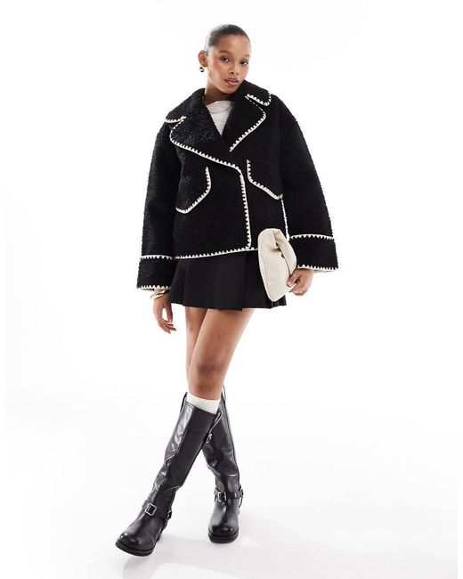 Object Black Borg Teddy Aviator Jacket With Contrast Stitch